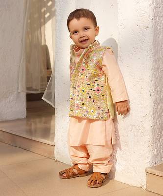 Peach embroidered jacket with kurta and pant 1