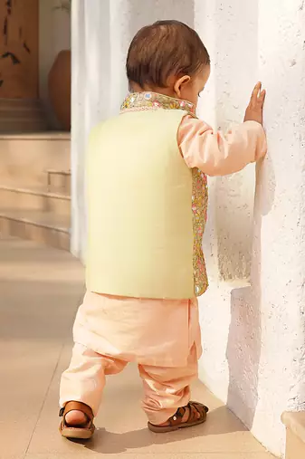 Peach embroidered jacket with kurta and pant