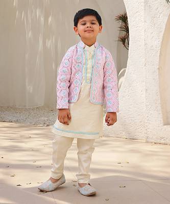 Baby pink embroidery jacket with kurta and pant 1