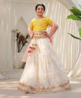 Yellow mirror embroidered choli with lehenga 1