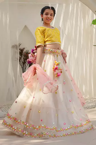 Yellow mirror embroidered choli with lehenga