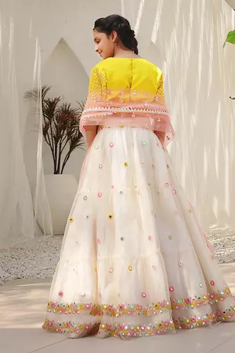 Yellow mirror embroidered choli with lehenga