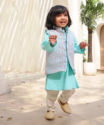 Ice blue embroidered jacket with kurta and pant 1