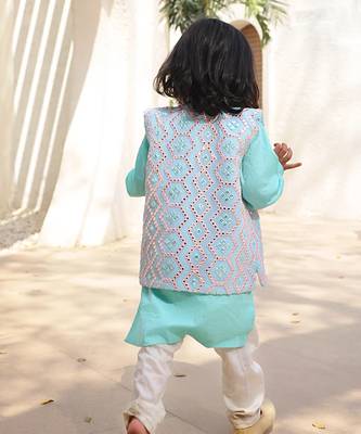 Ice blue embroidered jacket with kurta and pant 2