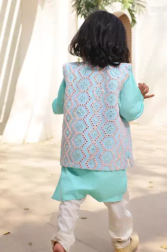 Ice blue embroidered jacket with kurta and pant
