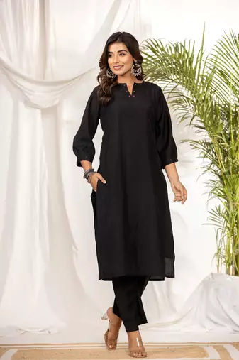 Black muslin kurta set with ajrakh dupatta