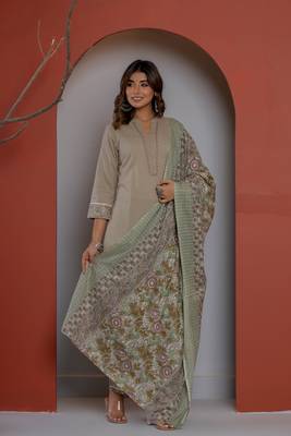 Solid grey cotton kurta with block printed dupatta 1