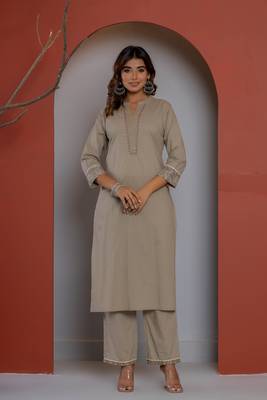 Solid grey cotton kurta with block printed dupatta 2