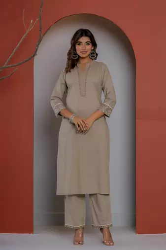 Solid grey cotton kurta with block printed dupatta