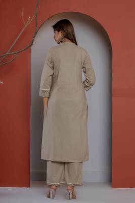 Solid grey cotton kurta with block printed dupatta 3