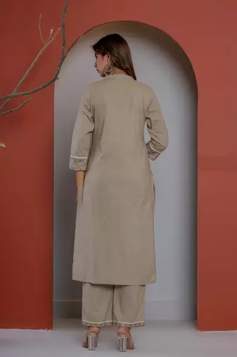 Solid grey cotton kurta with block printed dupatta
