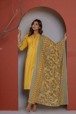 Solid mustard cotton kurta with block printed dupatta 1