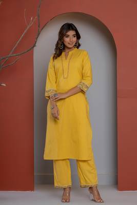 Solid mustard cotton kurta with block printed dupatta 2