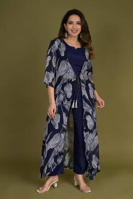 Blue crop top with pants and floral printed chinon shrug 1