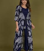 Blue crop top with pants and floral printed chinon shrug