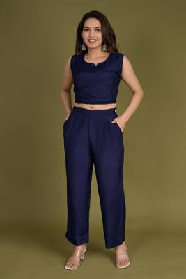 Blue crop top with pants and floral printed chinon shrug 2
