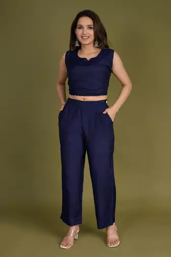 Blue crop top with pants and floral printed chinon shrug