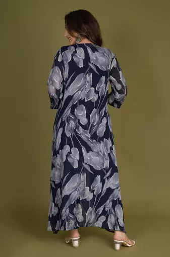 Blue crop top with pants and floral printed chinon shrug