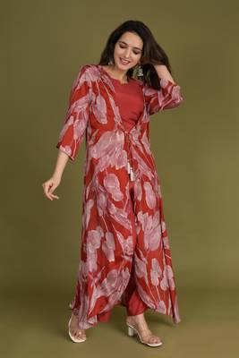 Red crop top with pants and floral printed chinon shrug 1