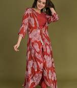 Red crop top with pants and floral printed chinon shrug