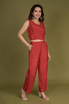 Red crop top with pants and floral printed chinon shrug 2