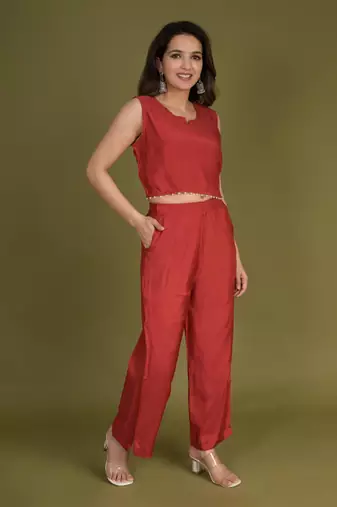 Red crop top with pants and floral printed chinon shrug