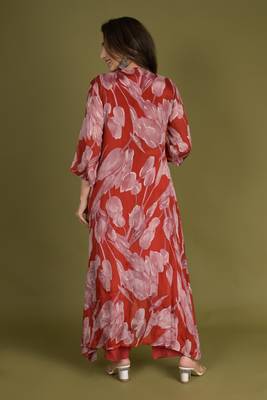 Red crop top with pants and floral printed chinon shrug 3