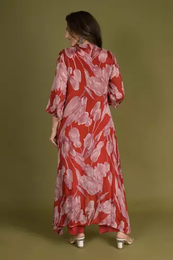 Red crop top with pants and floral printed chinon shrug