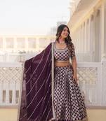 Wine Designer Dyeable Pure Viscose Jacquard Fabric Lehenga Choli & Dupatta Set With Sequins Embroidered Work
