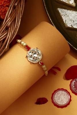 Gold Plated Kundan Thread Rakhi with Kumkum & Chawal 1