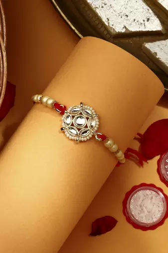 Gold Plated Kundan Thread Rakhi with Kumkum & Chawal