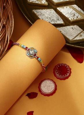 Multicolour Flower Shaped Thread Rakhi with Kumkum & Chawal 1