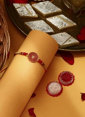 Red Meenakari Flower Thread Rakhi with Kumkum & Chawal 1