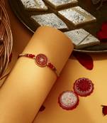 Red Meenakari Flower Thread Rakhi with Kumkum & Chawal