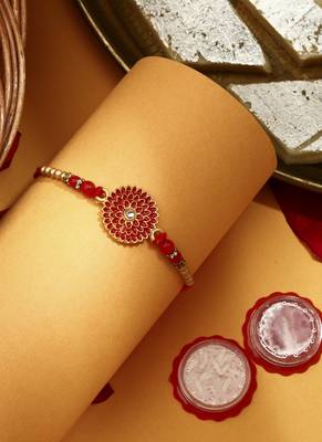 Red Meenakari Flower Thread Rakhi with Kumkum & Chawal 2