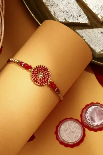 Red Meenakari Flower Thread Rakhi with Kumkum & Chawal