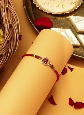 Red flower shaped with american stone studded rakhi 1