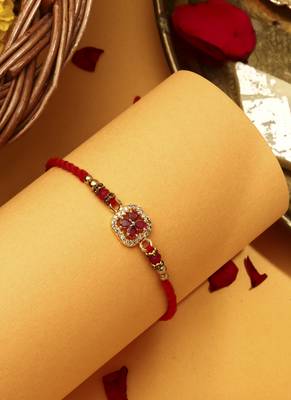 Red flower shaped with american stone studded rakhi 2