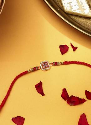 Red flower shaped with american stone studded rakhi 3