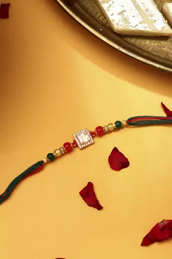 Square American Diamond Stone Studded Thread Rakhi