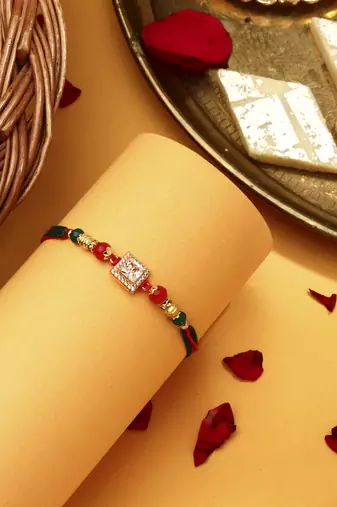Square American Diamond Stone Studded Thread Rakhi