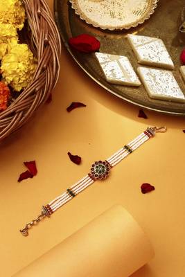 Red & green stone studded flower pearl rakhi bracelet 3