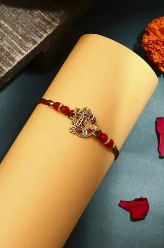 Krishna motif rakhi & radha krishna bracelet set - bhaiya bhabhi rakhi