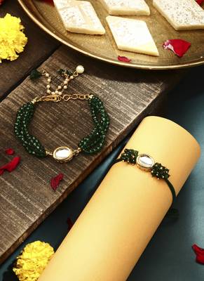 Green kundan studded bhaiya bhabhi rakhi set 1