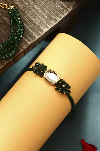 Green kundan studded bhaiya bhabhi rakhi set