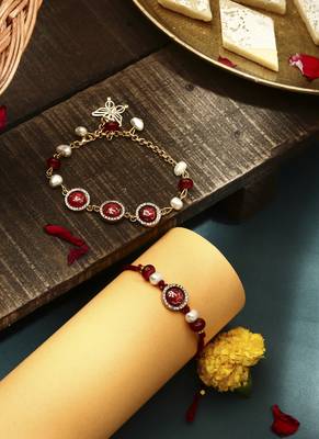 Red stone studded bhaiya bhabhi rakhi set 1