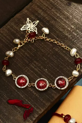 Red stone studded bhaiya bhabhi rakhi set