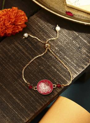 Elegant pink rakhi with golden lotus painted bhaiya bhabhi set 2