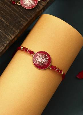 Elegant pink rakhi with golden lotus painted bhaiya bhabhi set 3