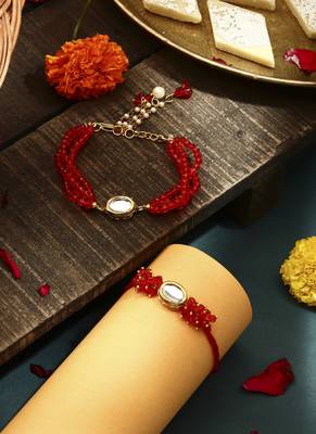 Red kundan studded bhaiya bhabhi rakhi set 1